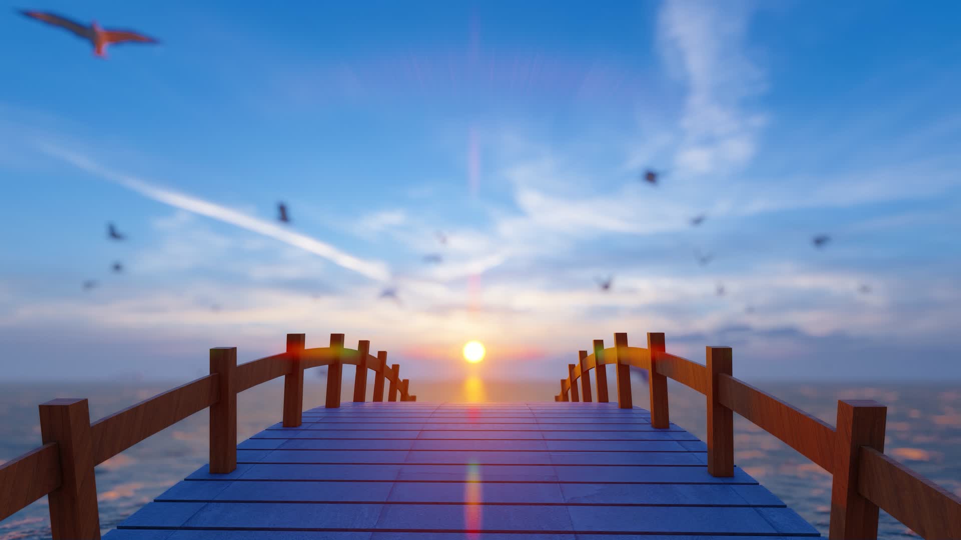 夕阳大海拱桥码头海鸥飞翔和谐大自然视频的预览图