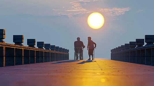 夕阳码头上孤独的老年夫妻背影视频的预览图