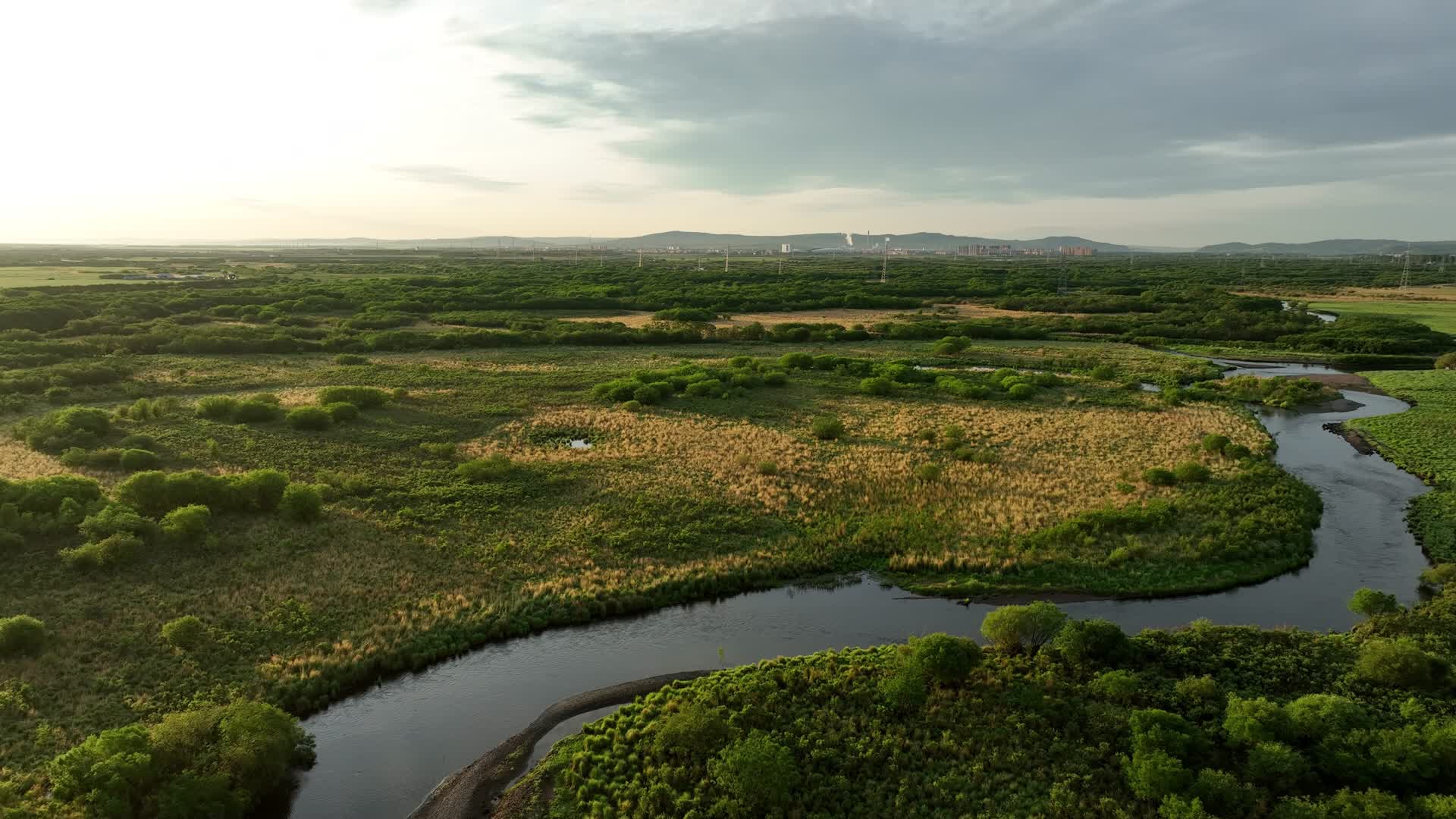航拍大兴安岭河流湿地夏日风景视频的预览图