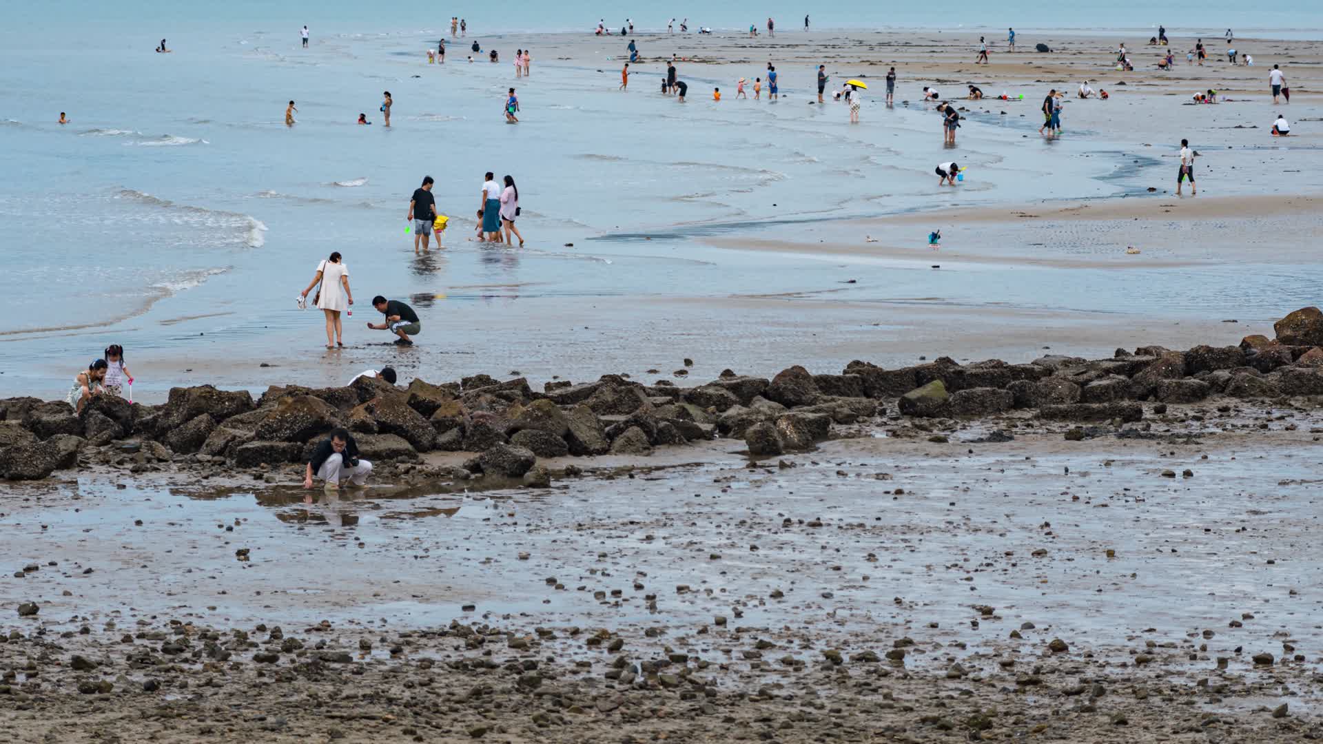 8K海滩休闲娱乐赶海走沙滩人流实拍视频视频的预览图