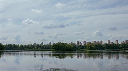 河流湿地浑河岸边高楼建筑居民楼沈阳蓝天白云视频的预览图