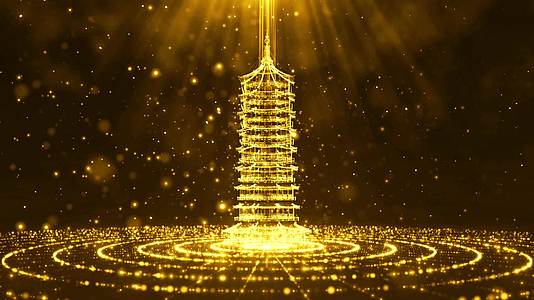 金色环形粒子场景宝塔建筑循环动画视频的预览图