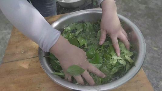 4K浙江温州泰顺县漂洗野菜慢动作视频的预览图