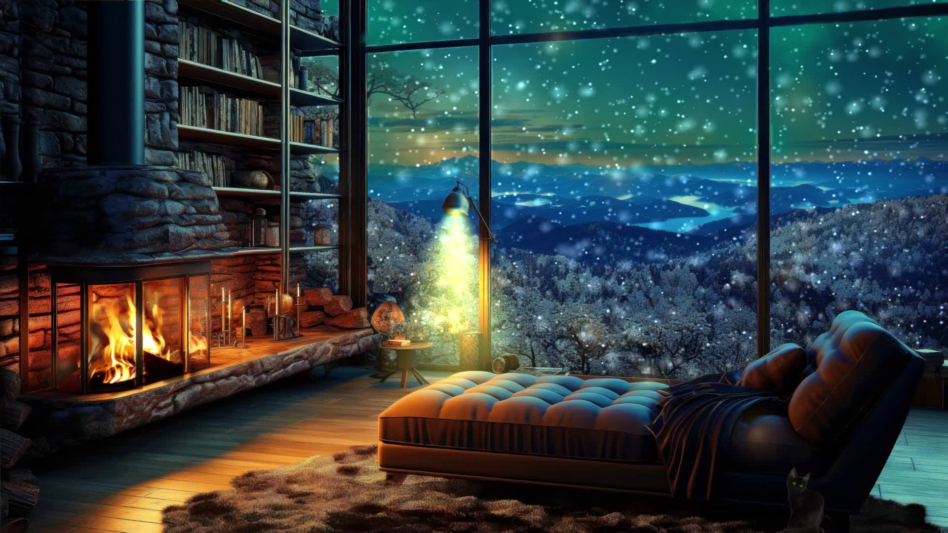 冬天降雪窗户壁炉背景视频的预览图