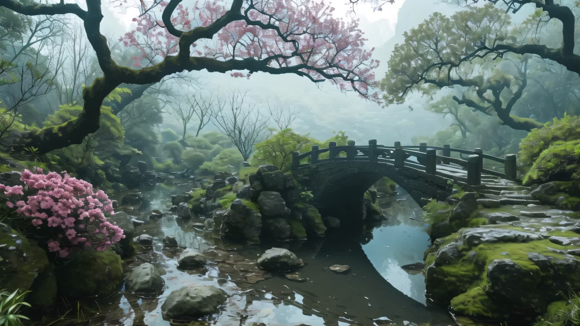 树林小桥流水动画视频背景视频的预览图