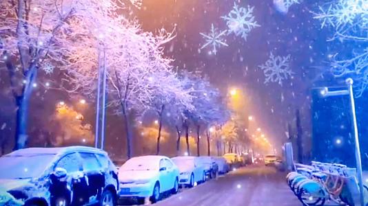 下雪中的夜晚城市街道视频的预览图