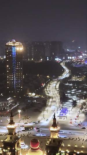 高清竖屏航拍哈尔滨冰雪大世界夜景风光视频的预览图