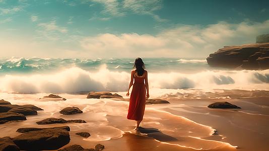 穿着红色裙子在波浪翻滚的海边沙滩散步的美女背影视频的预览图