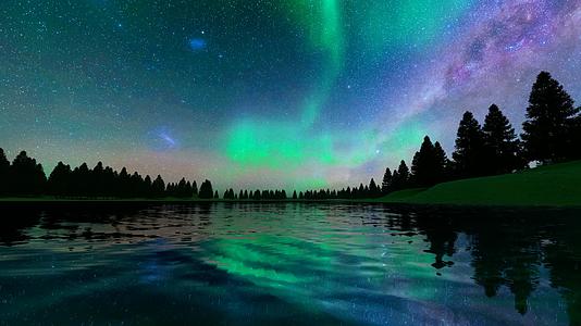 宇宙星空湖泊森林北极光视频的预览图