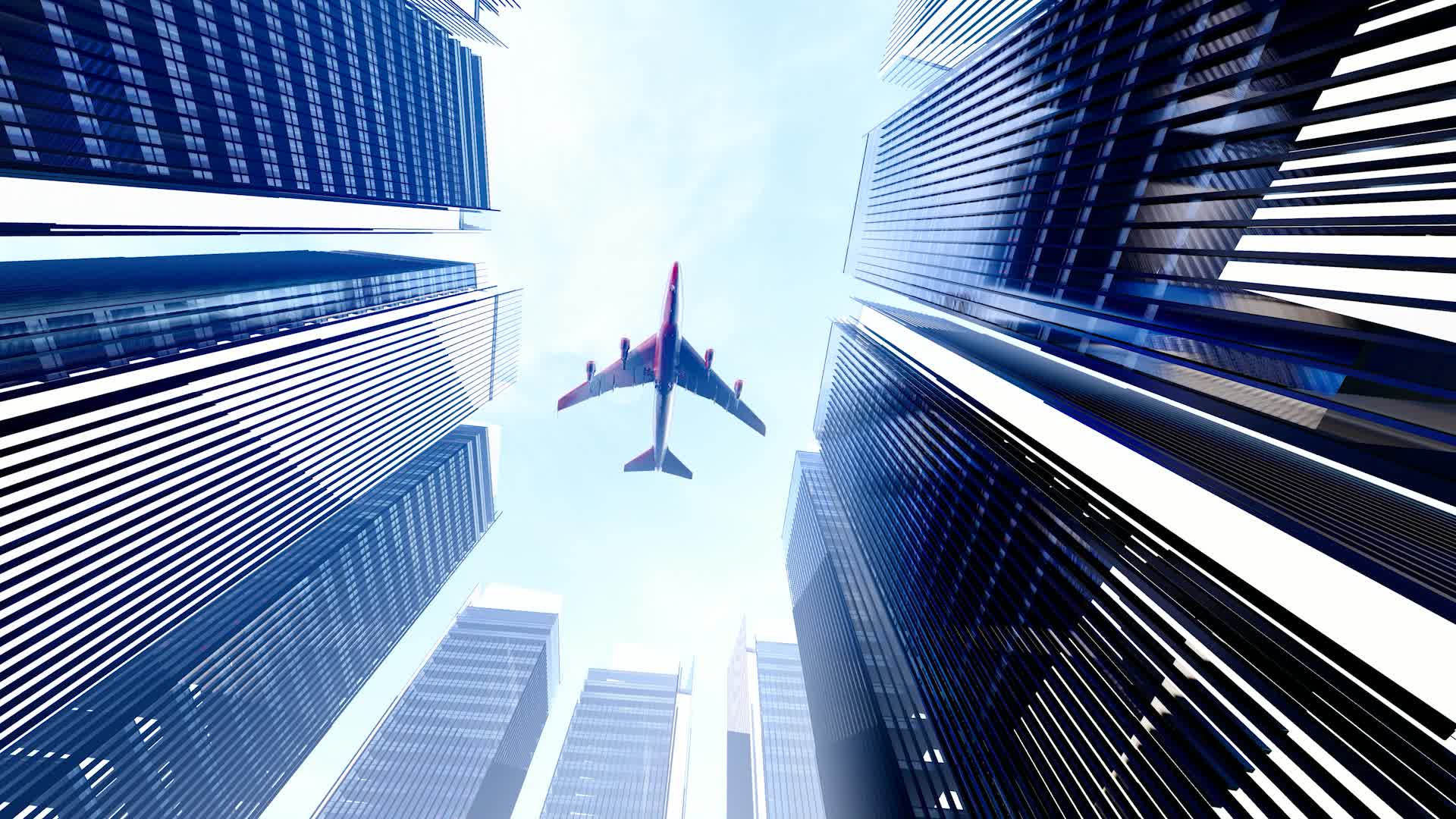 金融中心写字楼上空飞过的民航飞机视频视频的预览图