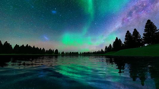 宇宙星空湖泊森林北极光视频视频的预览图