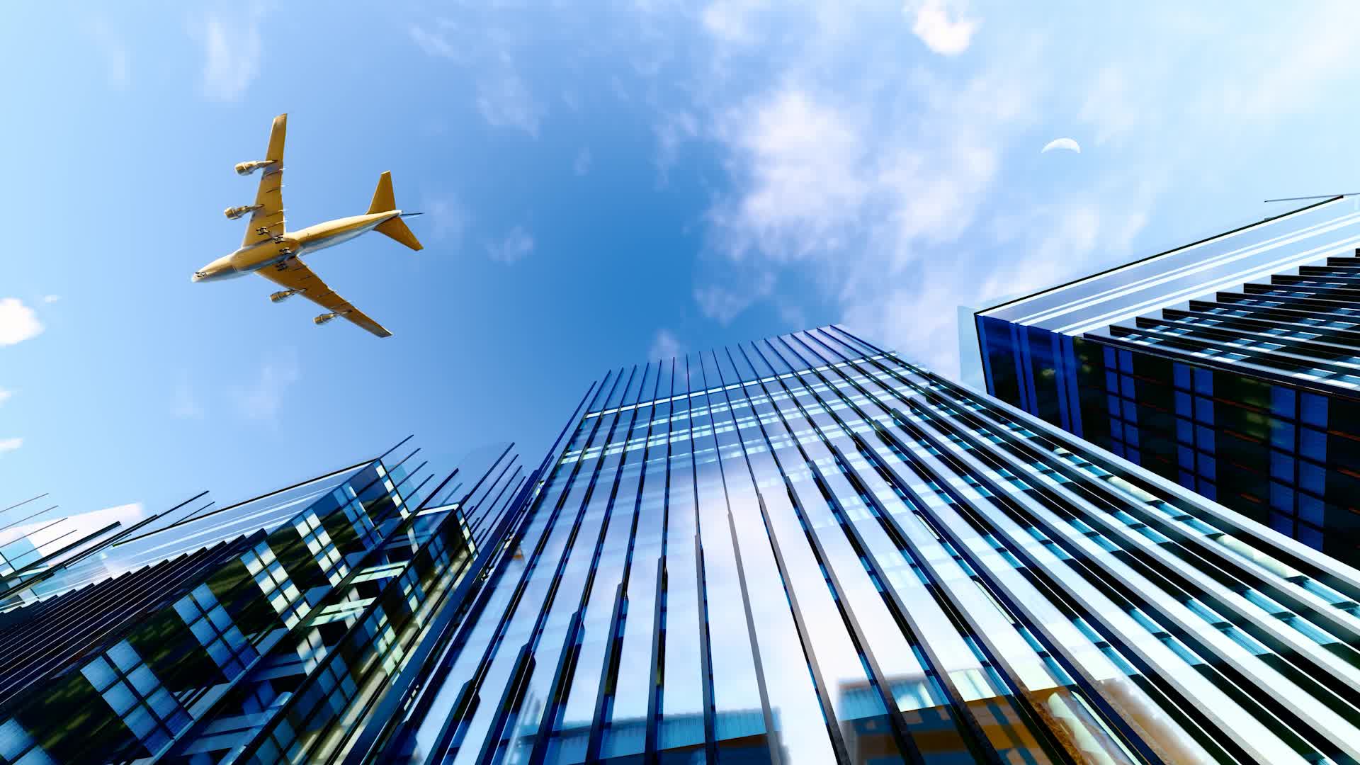 商务飞机飞过城市高楼上空视频视频的预览图