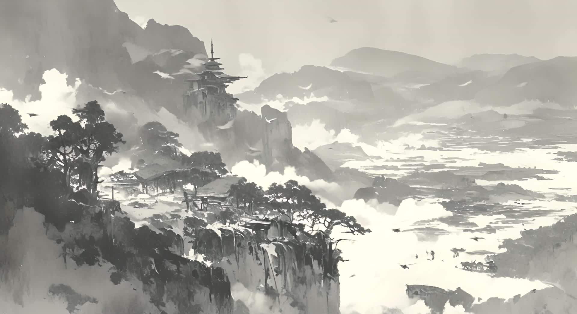 4K中国古典风水墨画水墨山水画禅意风景视频的预览图
