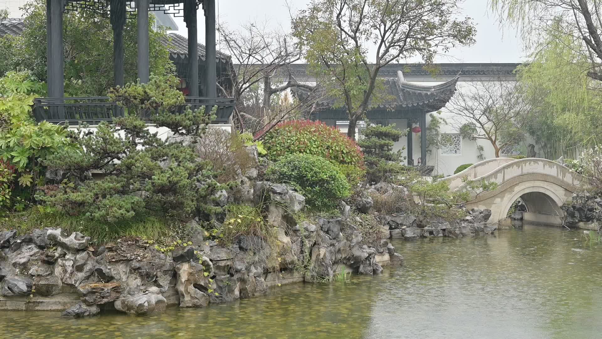 庭院小桥流水绵绵春雨视频的预览图