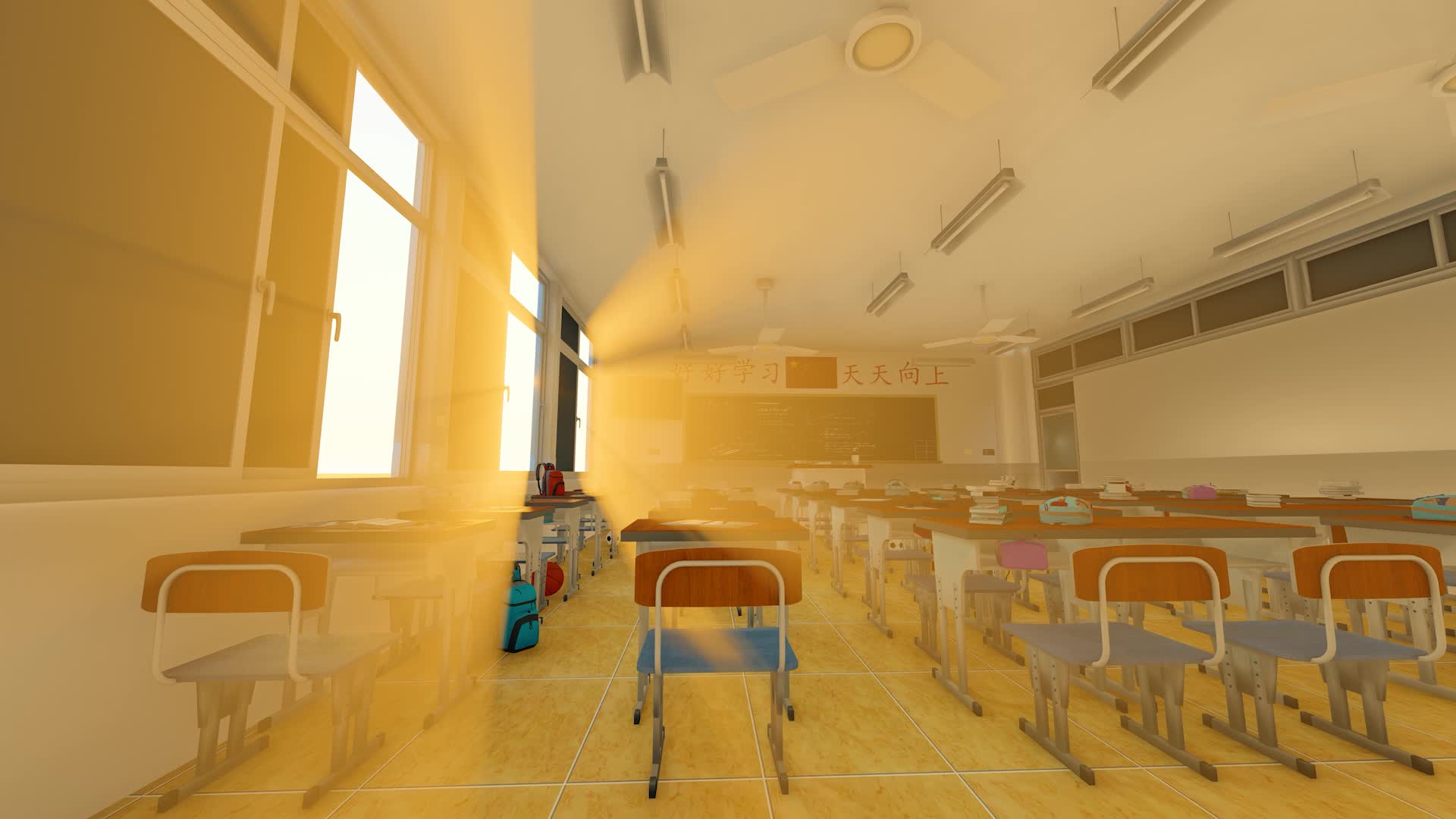 太阳光影穿过学校空教室青春怀旧视频的预览图