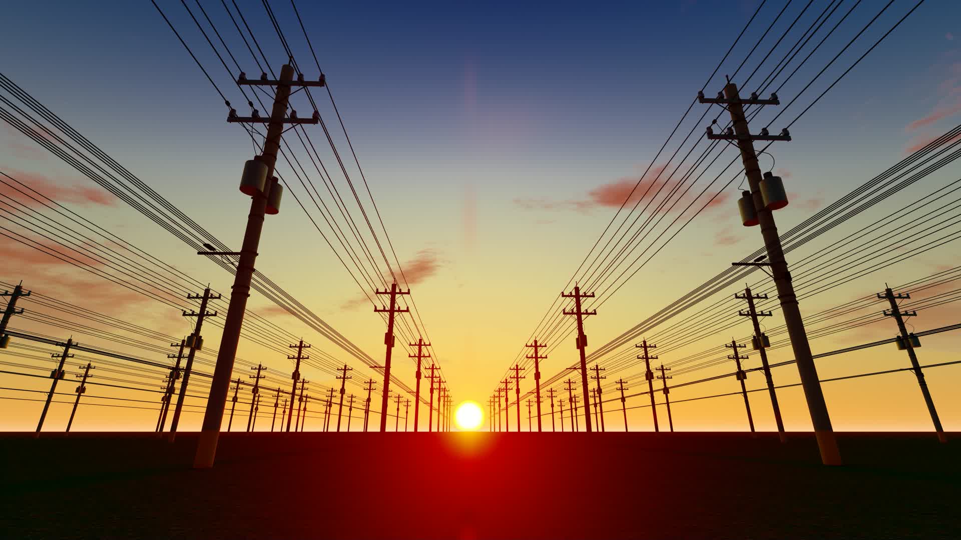 夕阳下的农村高压线和电线杆视频的预览图