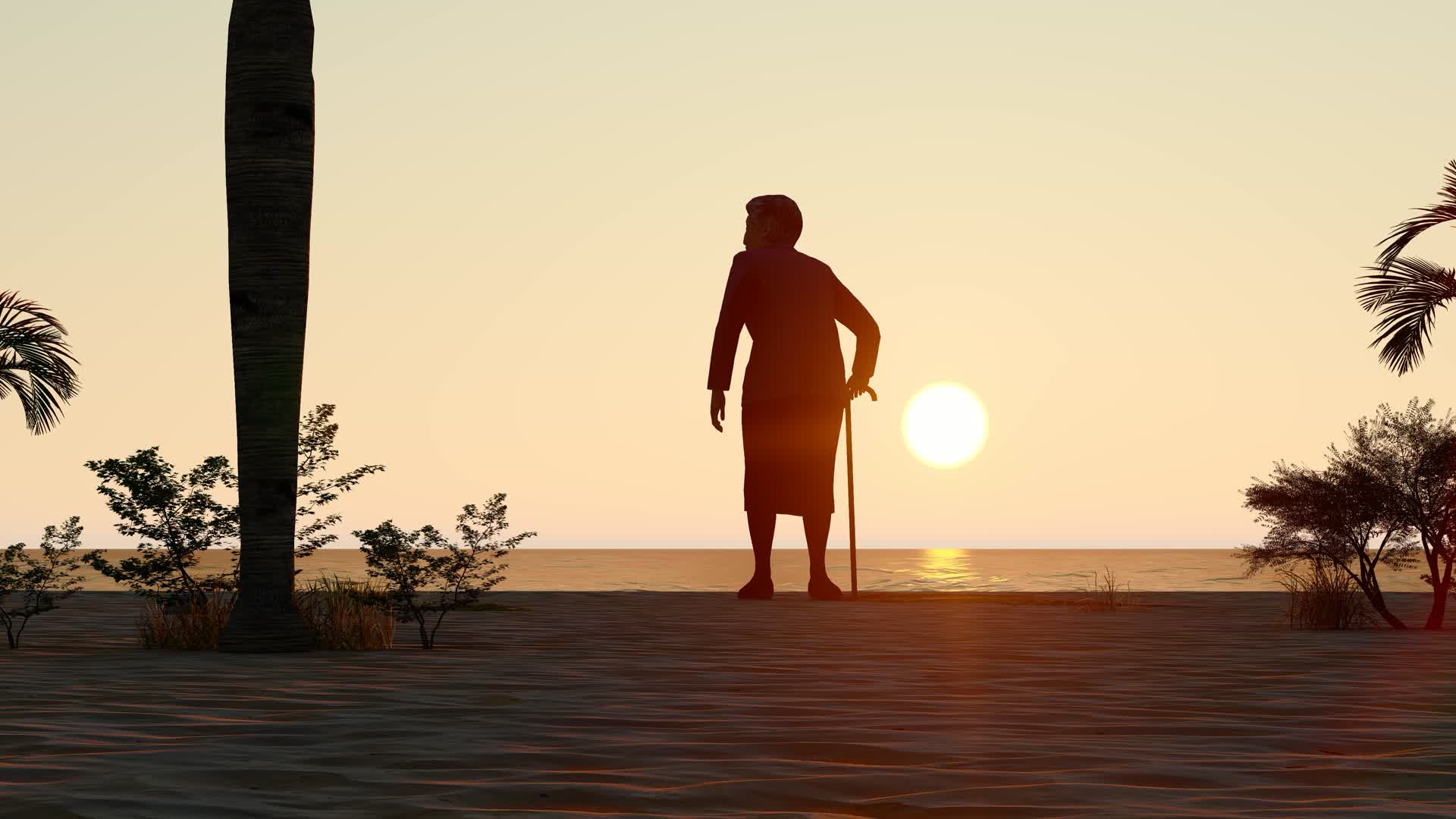 夕阳下在海边孤独等待的拄拐杖老人背影视频的预览图