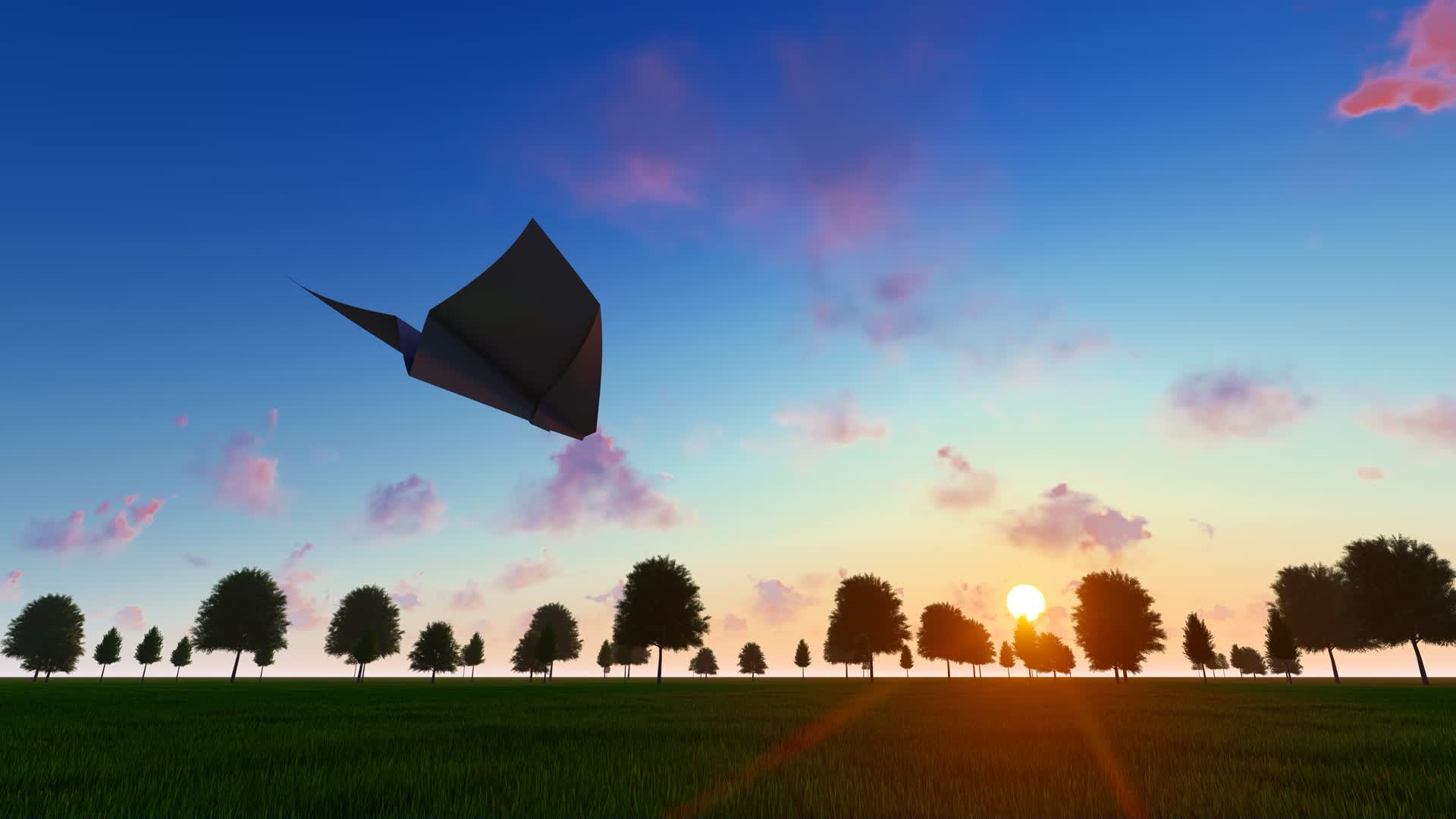 纸飞机迎着太阳在草原上飞翔放飞梦想视频的预览图