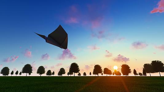 纸飞机迎着太阳在草原上飞翔放飞梦想视频的预览图