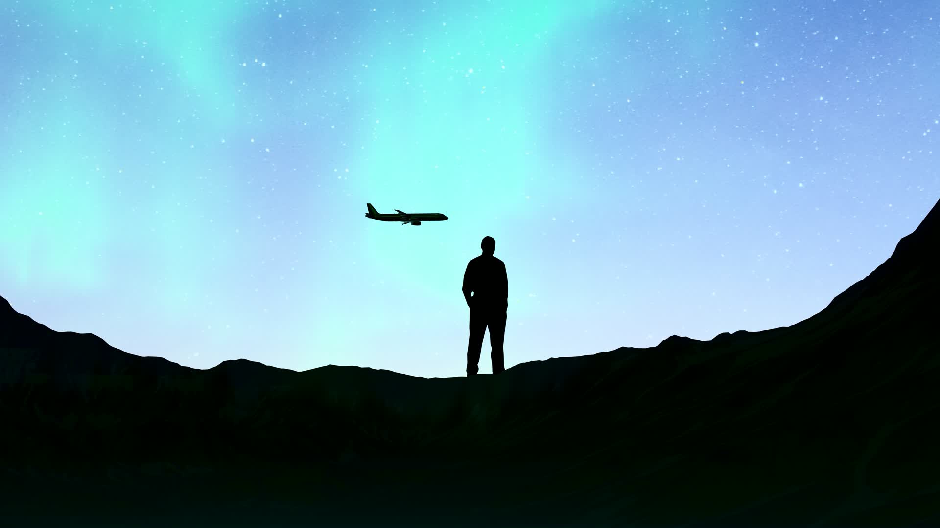 飞机飞过仰望星空的人的头顶视频的预览图
