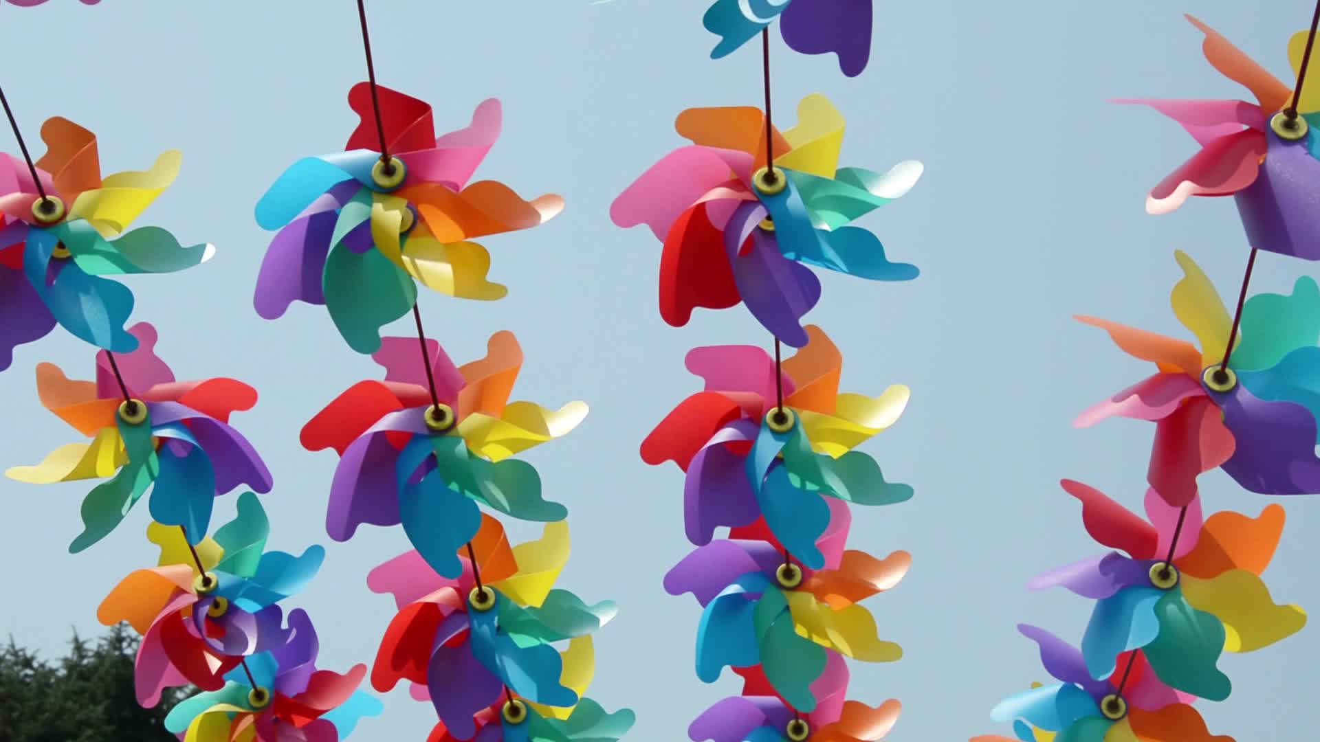 夏天城市公园中景观设计八叶彩色塑料风车串视频的预览图