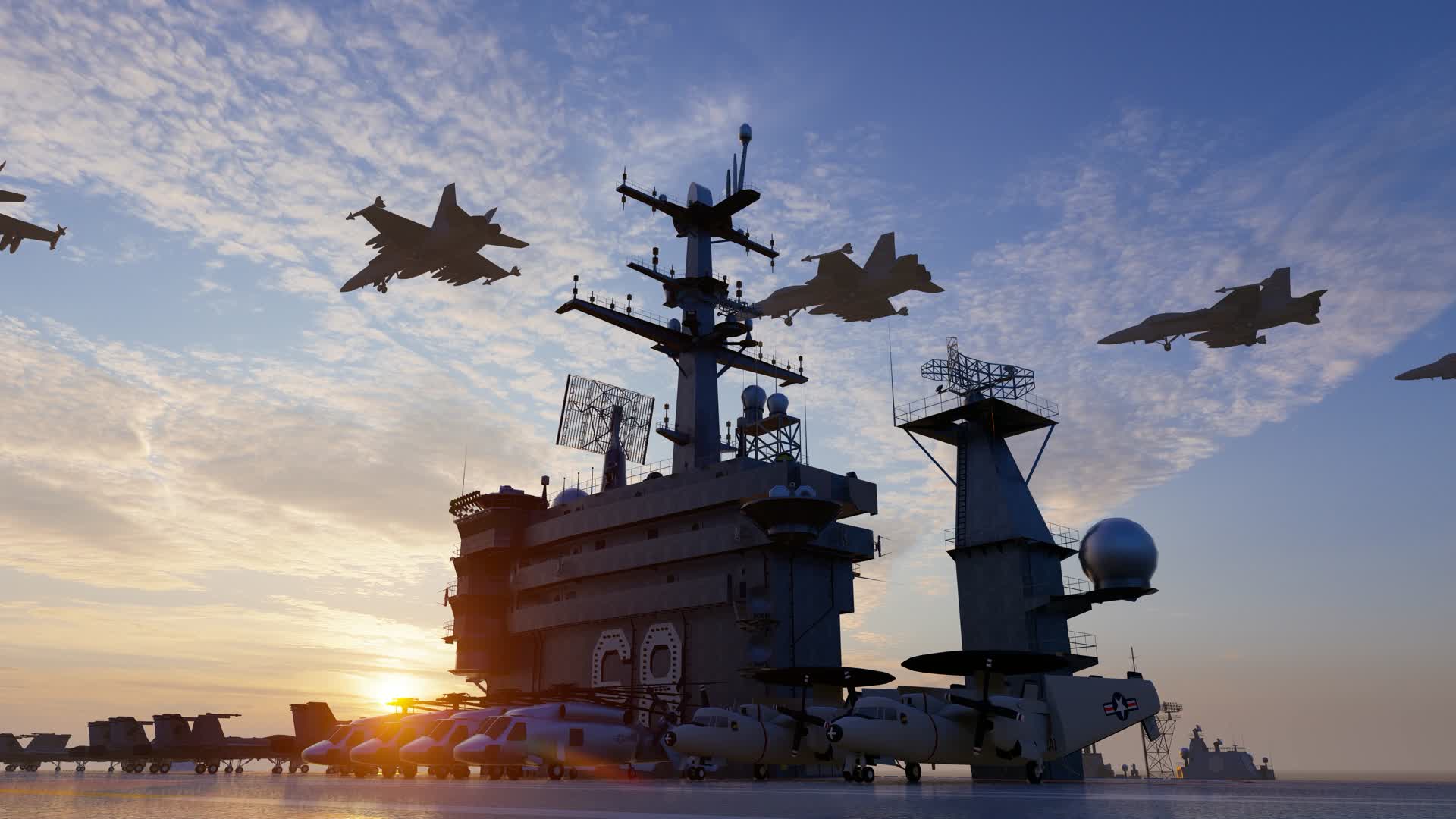夕阳下海上航空母舰战斗群航拍视频的预览图