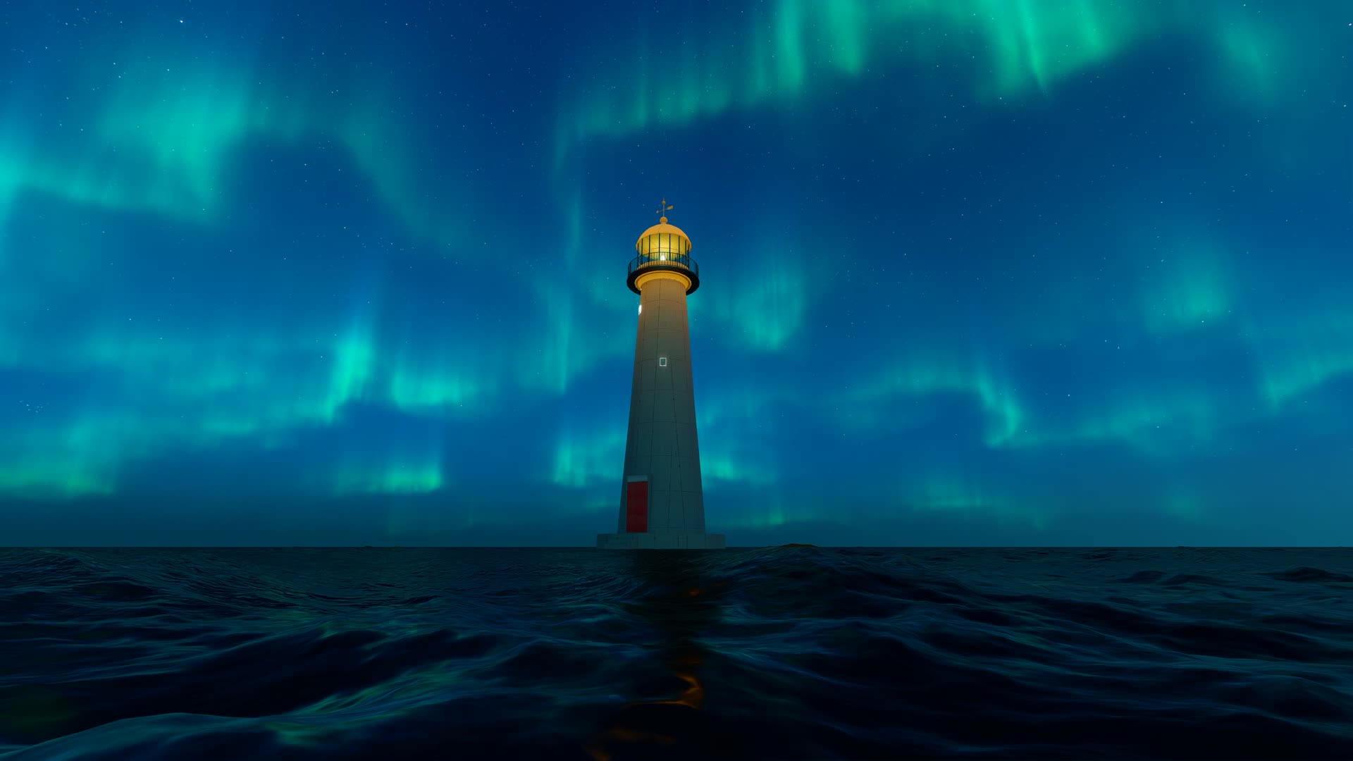 夜晚星空和北极光下的海上灯塔视频的预览图