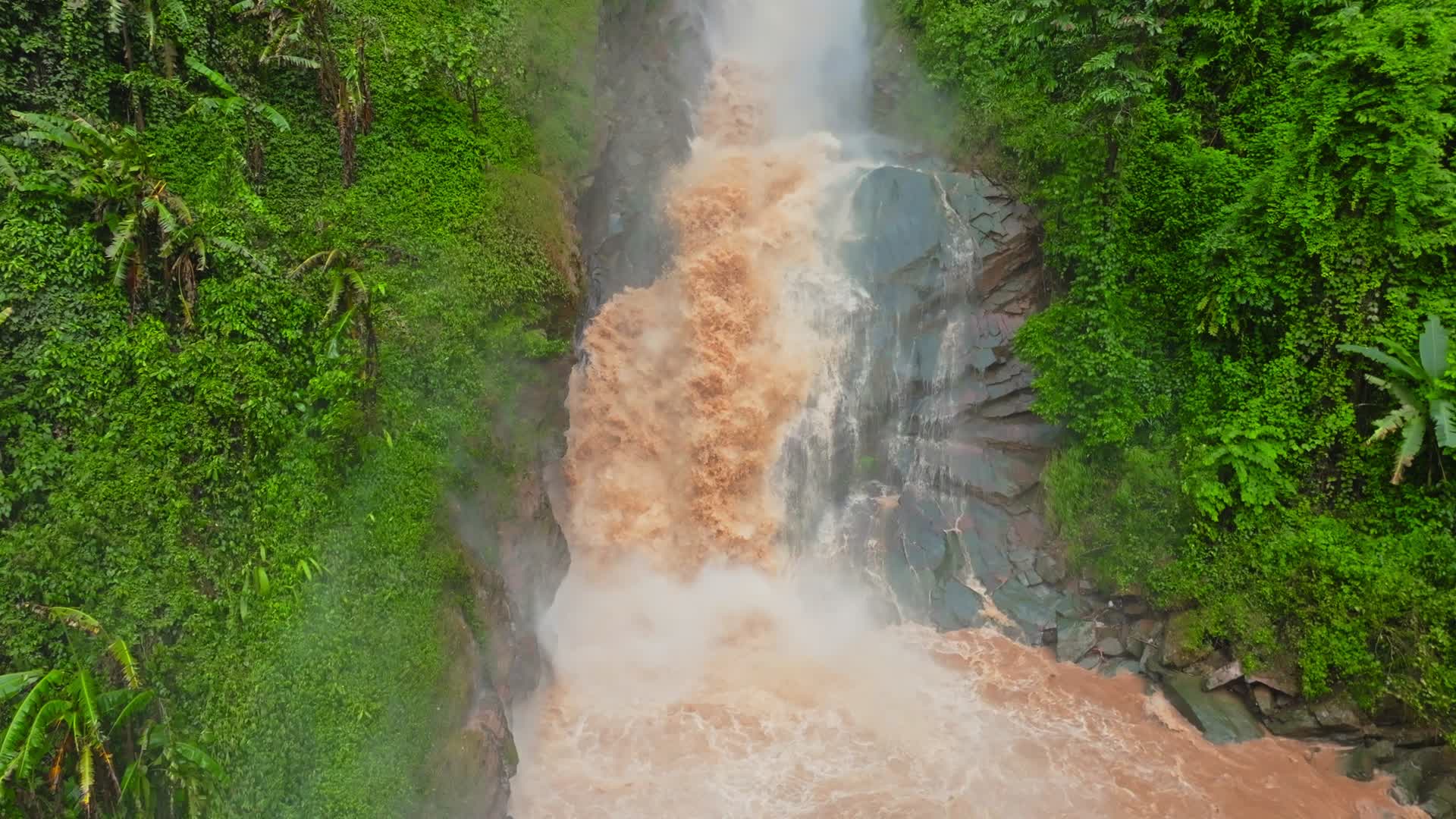 云南普洱西盟热带雨林夏天雨季山洪瀑布航拍视频的预览图