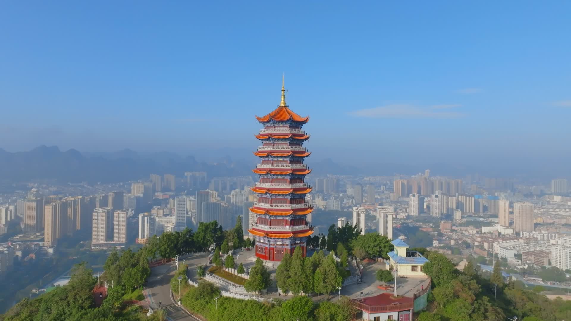 云南文山壮族苗族自治州文笔塔中景环绕航拍视频的预览图
