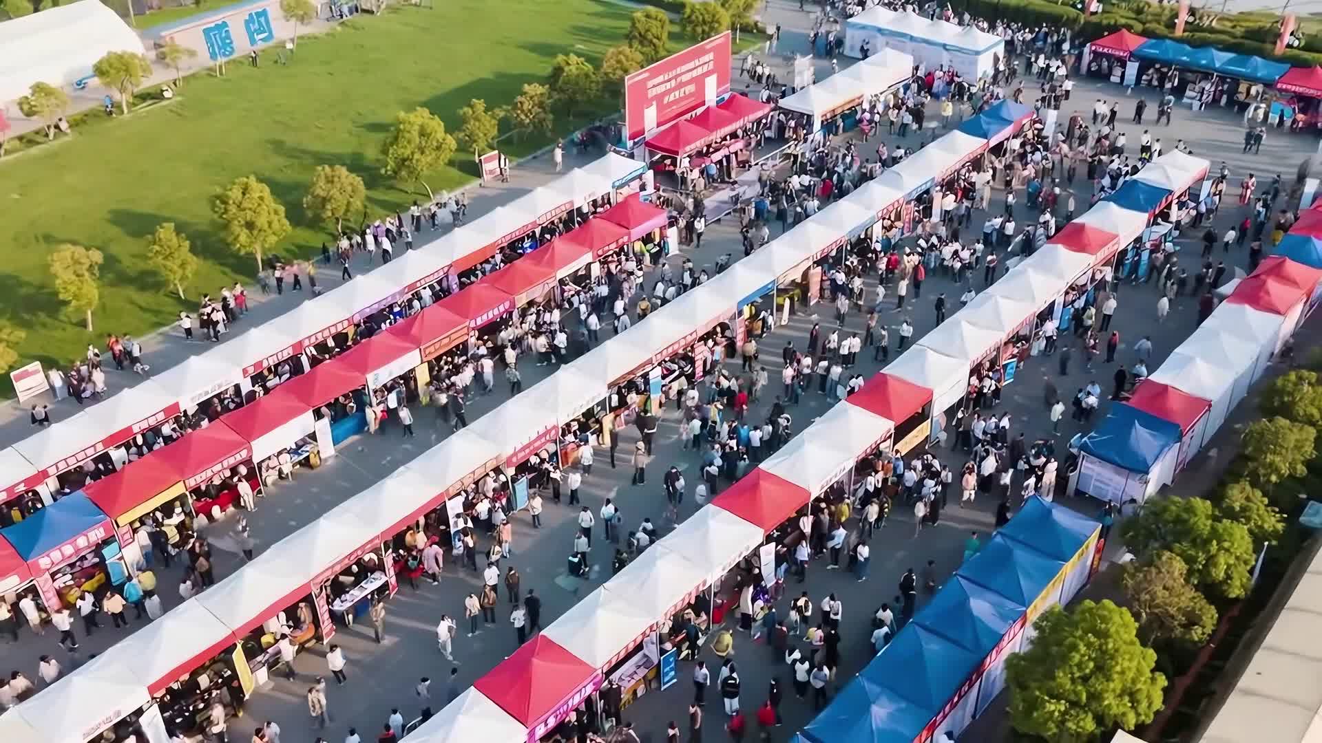 AI视频航拍热闹招聘会集市全景视频的预览图