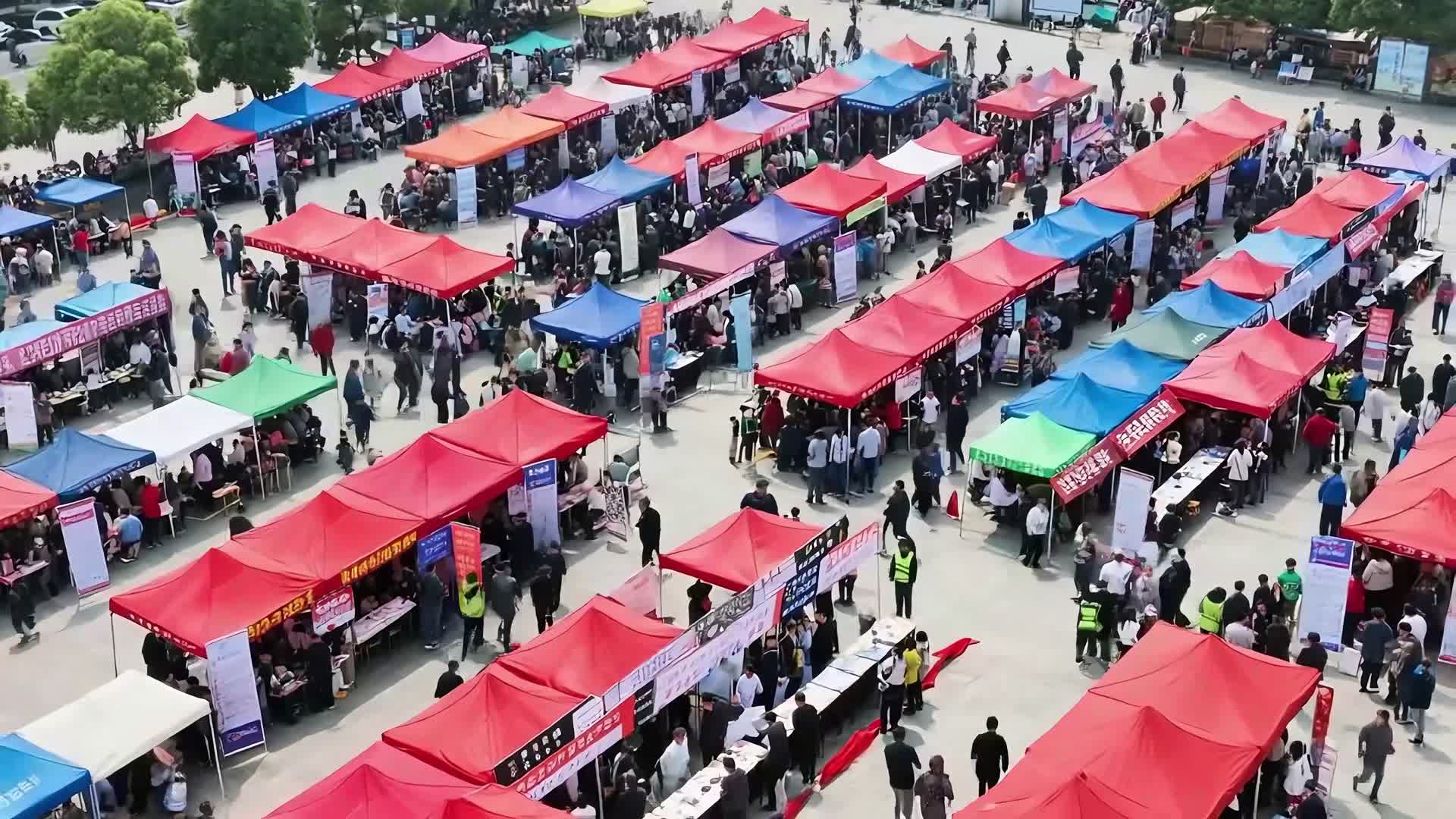 AI视频航拍热闹招聘会集市全景视频的预览图