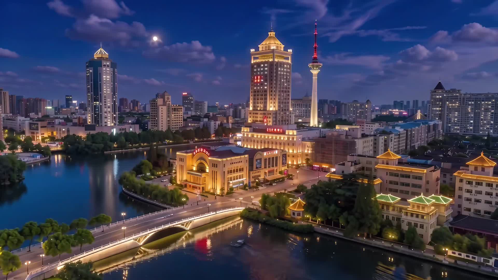 AIGC南通夜景航拍延时摄影视频的预览图
